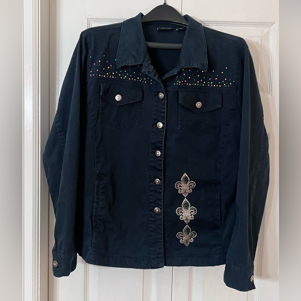 Womens Embellished fleur de lis New Orleans jean jacket Size L